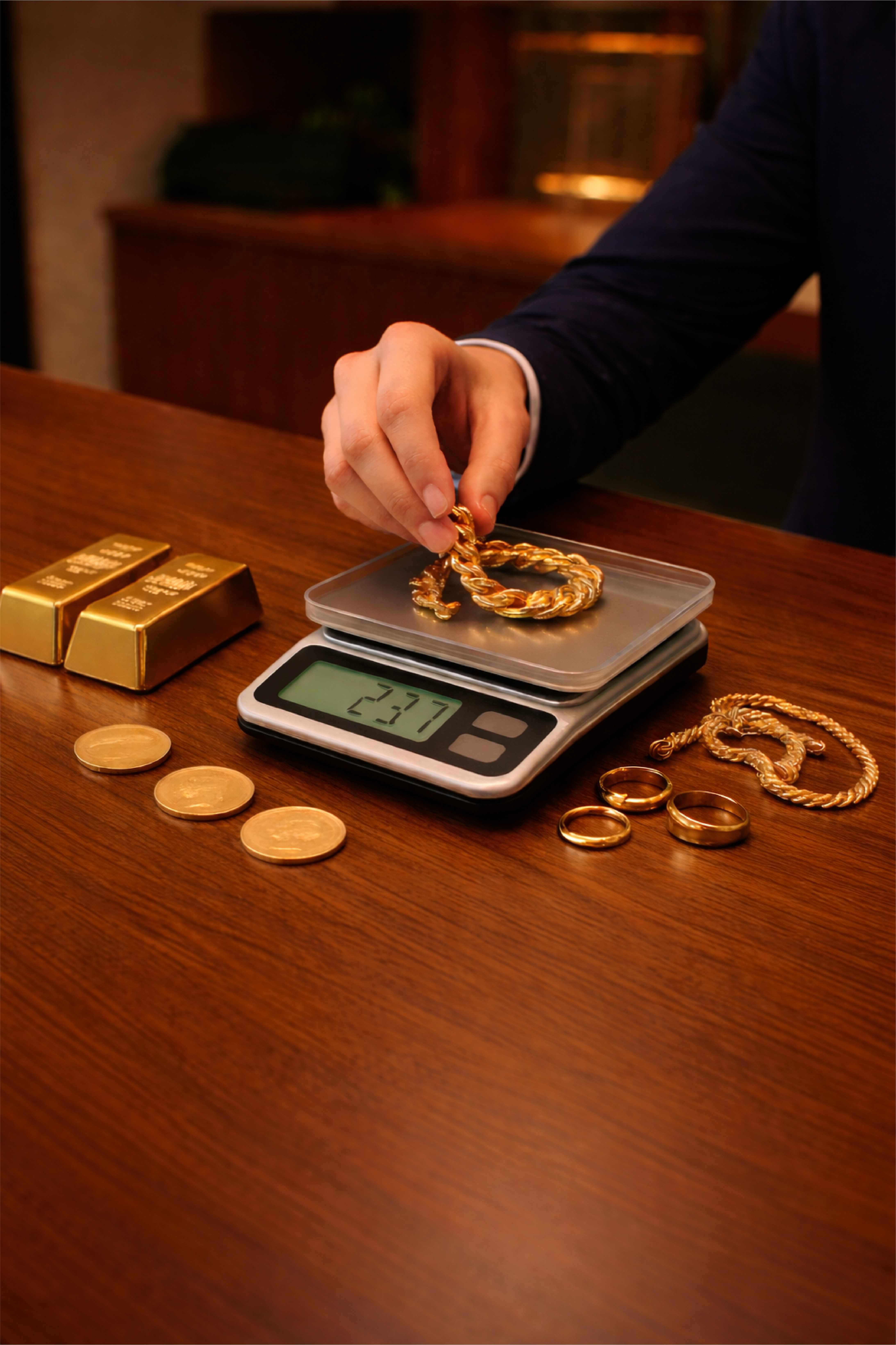 Gold jewellery being weighed at MK Gold
